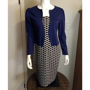 Layered Look Geometric Modest Long Sleeve Church Career Dress Sz XL Graphic
